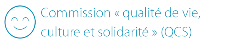 Pictogramme et titre de la commission en composition typographique Myriad light sur fond blanc, de couleur bleu cobalt