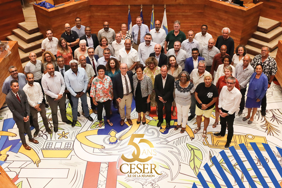 Groupe d'une cinquantaine de personnes posent en contre bas dans la fosse de la salle plénière, logo des 50 ans du CESER imposé au centre.